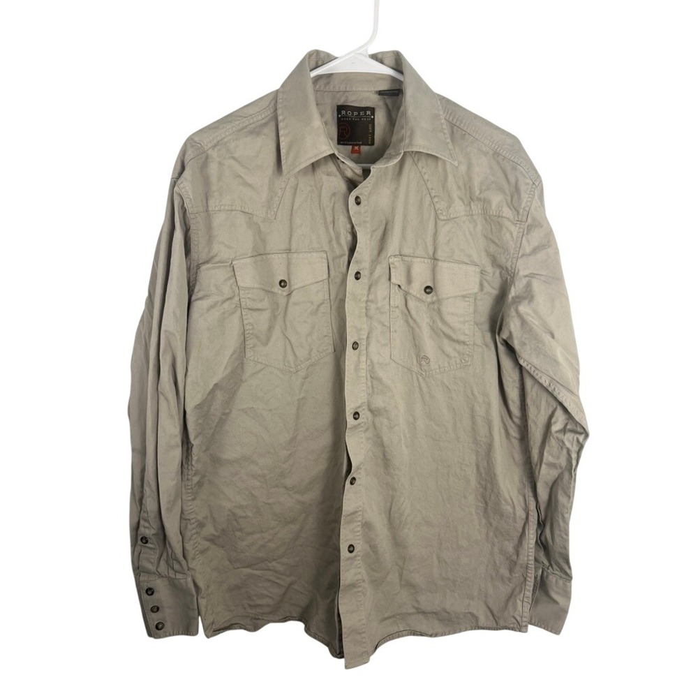 Roper Men Western Shirt Khaki Tan Cotton Pearl Snap Long Sleeve Ranch